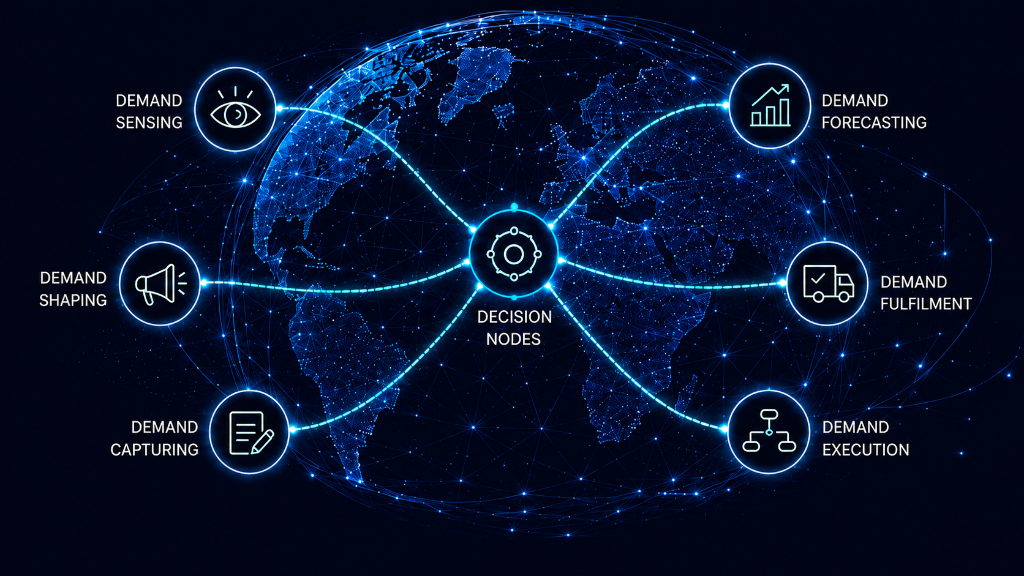 Global demand network — Sensing, Forecasting, Shaping, Fulfilment, Capturing and Execution connected through Decision Nodes